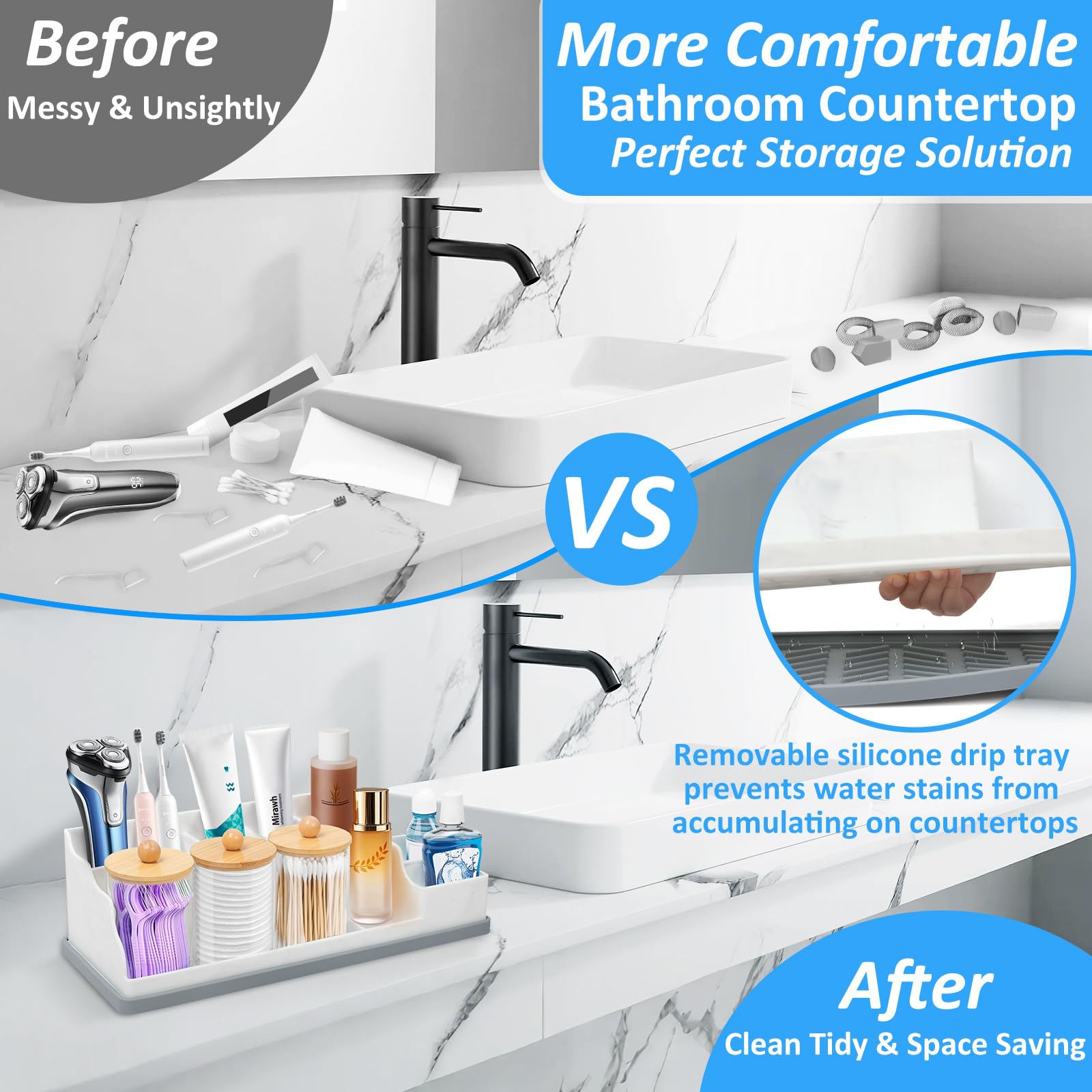 Bathroom Counter Organizer, Large White Silicone Toothbrush Holders for Bathrooms with 3PCS Qtip Holder, Bathroom Organizer Countertop Toothbrush and Toothpaste Holder for Makeup Organizer for Vanity