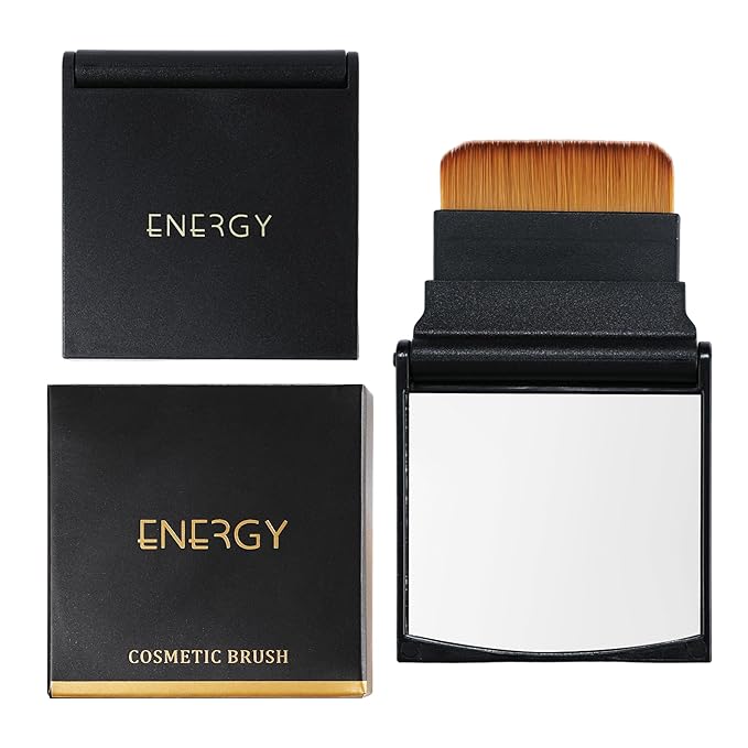 ENERGY Kabuki Brush Flat 2PCS Portable Folding Case with Mirror – Travel Makeup Brush for Foundation, Powder & Contour, Compact Mini Cosmetic Tool with Magnetic Closure Vegan for Purse or Travel Bag