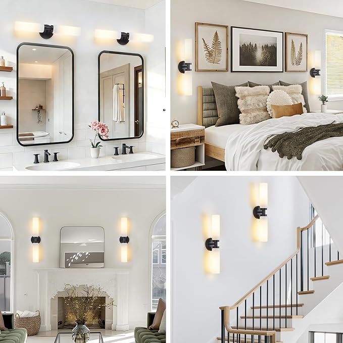 2 Light Black Bathroom Light Fixture Over Mirror, Modern Farmhouse Bathroom Vanity Lights with Milky White Frosted Glass Shade, Wall Sconce for Bathroom Mirror Hallway Cabinet Bedroom Porch
