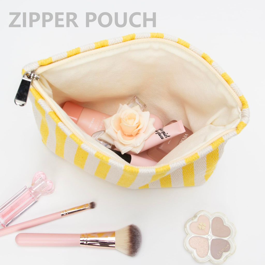 Flat Makeup Bag for Women,Zipper Cosmetic Pouch for Purse,Stripe Yellow