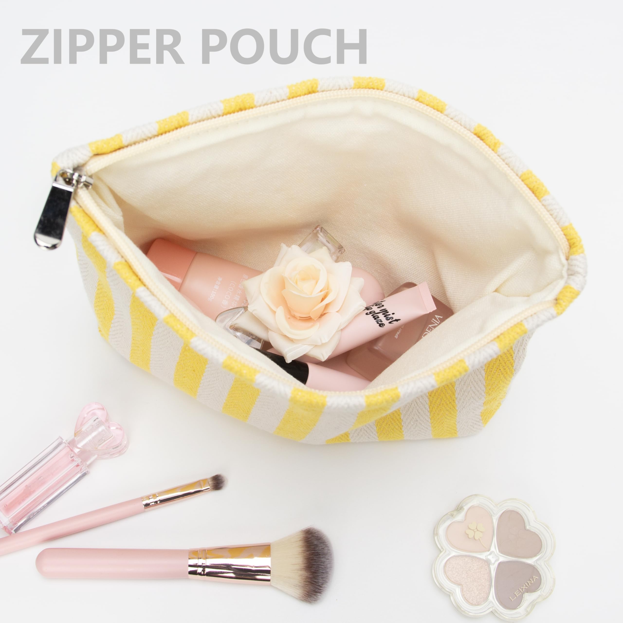 Flat Makeup Bag for Women,Zipper Cosmetic Pouch for Purse,Stripe Yellow