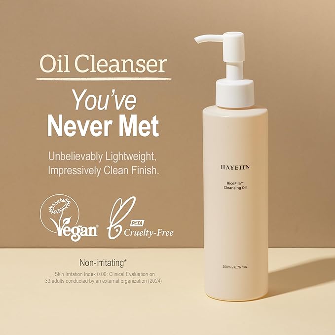 HAYEJIN RiceFila Cleansing Oil - Korean Oil Cleanser for Face with Centella Asiatica, 8 Hyaluronic Acids & 6 Peptides - Vegan & Hypoallergenic Makeup Remover 6.76 fl oz