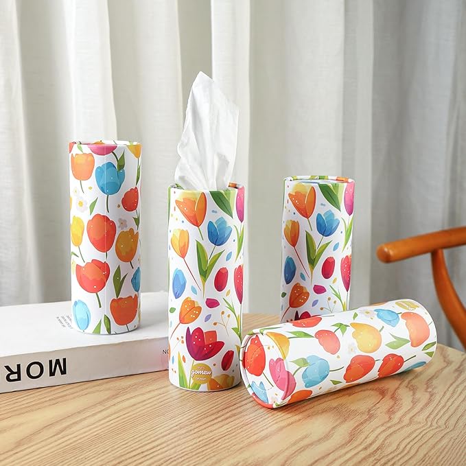 Car Tissue Holder (4 PK) - 50 3-Ply Tissues per Cylinder, Fits Car Cup Holders, Portable Travel Tubes Box Container, Tulip Design, Round Tissue Container for Car Accessories