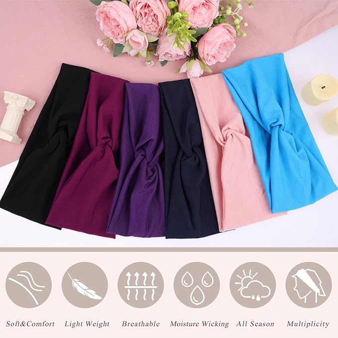 XTREND 6 Pcs Women's Headbands Twisted Cross Elastic Head Bands Yoga Workout Headband Non-Slip Sweat Soft Headbands Solid Color Simple Versatile Hair Accessory Hairbands