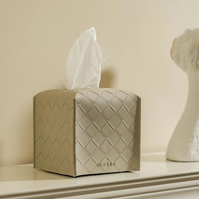 OLETHA Square Tissue Box Cover - Aesthetic Desk Decor for Room, Home & Office - Tissues Cube Boxes Holder - Woven Textured, Light Taupe