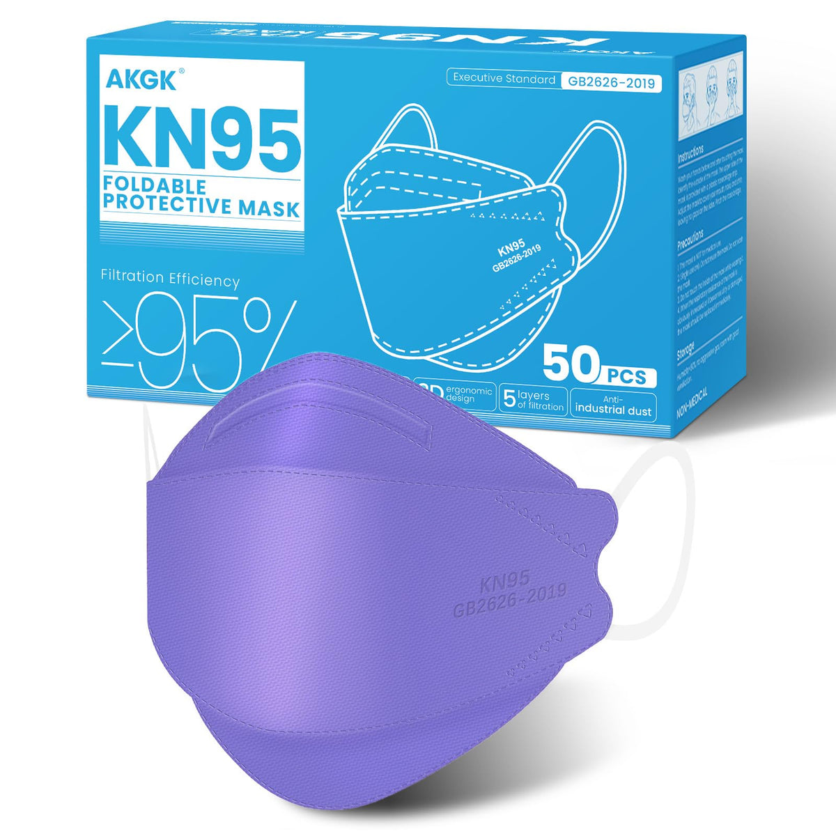 akgk KN95 Face Masks 50 Pack,5-Ply Disposable Purple Face Mask Against PM 2.5 Smoke and Dust