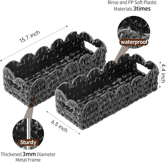 Coeusy Balck Toilet Basket,Set of 2 Scalloped Wicker Basket with Built-in Handles,Long Back of Toilet Baskets for Shelf,Tank Topper,Countertop,Rectangle