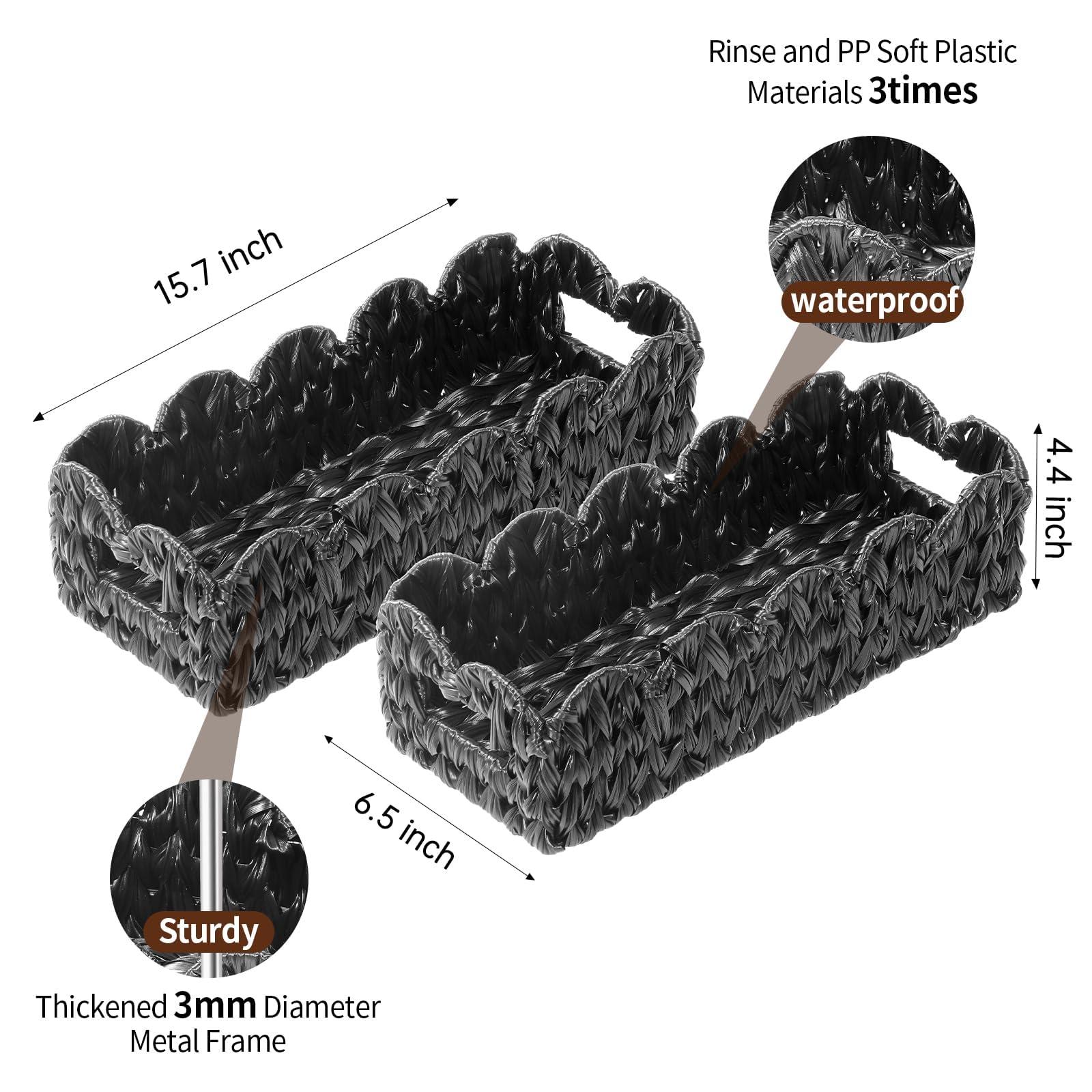 Coeusy Balck Toilet Basket,Set of 2 Scalloped Wicker Basket with Built-in Handles,Long Back of Toilet Baskets for Shelf,Tank Topper,Countertop,Rectangle