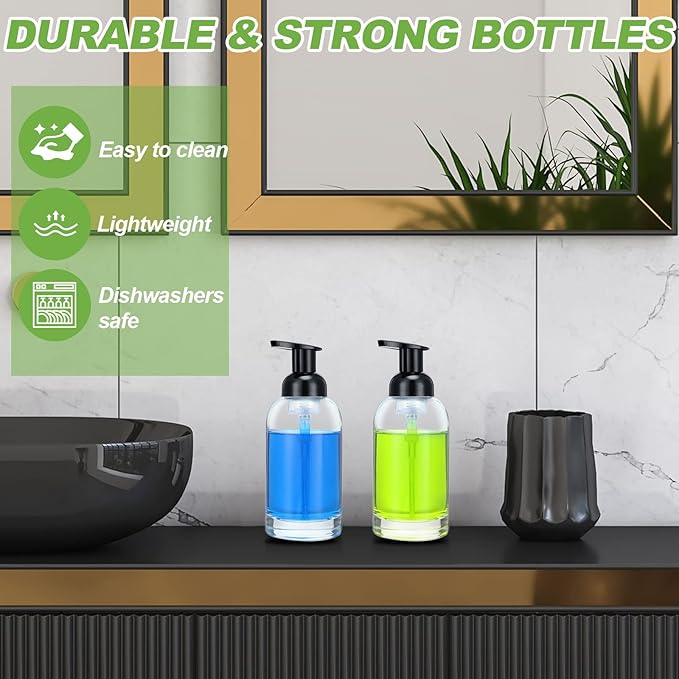 Eccliy 4 Pack 13 oz Foaming Hand Soap Dispenser Clear Glass Jar Soap Dispenser with Foaming Pump, Clear Thick Hand Liquid Dish Pump Round Bottles for Bath Home Kitchen Oil Lotion