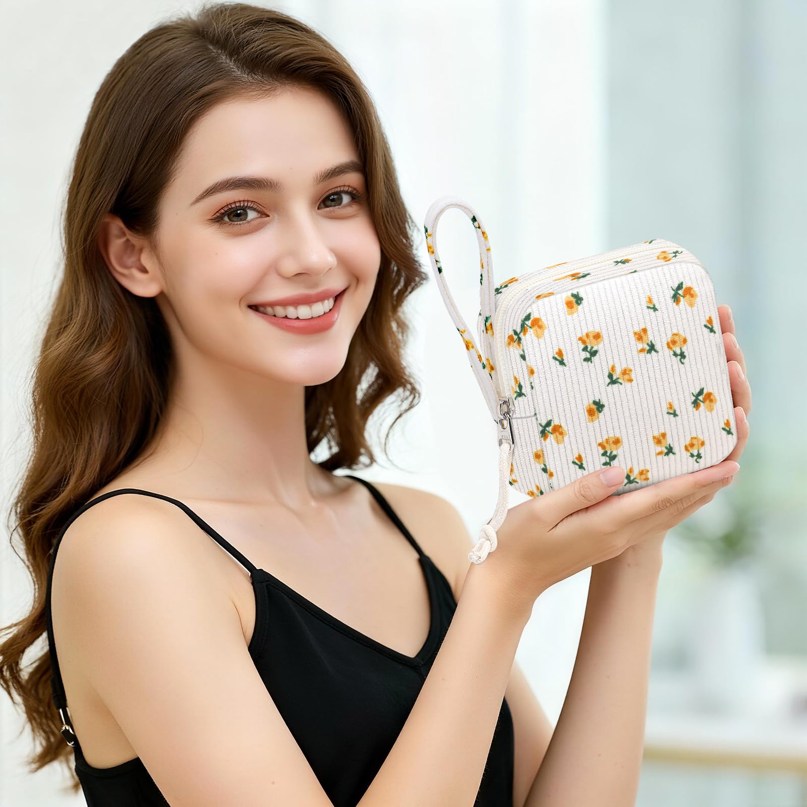 Chicarries Small Makeup Bag | Discreet Period Bag Pad Pouch for Purse| Sanitary Napkin Storage & Tampon Holder for Travel (Flower yellow)