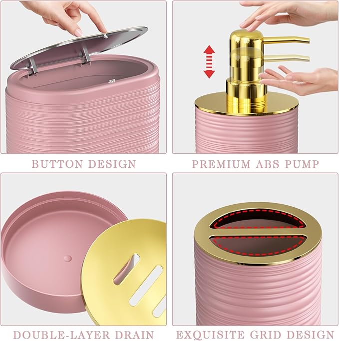 InnJoey Bathroom Set, 10PC Bathroom Accessory Set, Pink Bathroom Accessories, Pink and Gold Bathroom Set with Trash Can, Soap Dispensers
