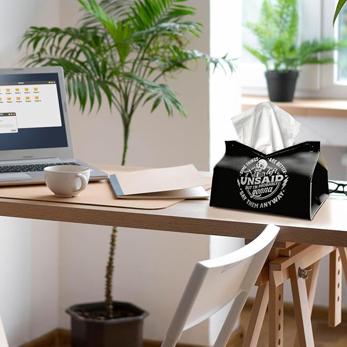 Skeleton Funny Tissue Box Cover Rectangle, Gothic Skull Tissue Box Holder, Black Facial Paper Case for Bathroom Kitchens Livingroom, Halloween Kitchen Accessories Gifts for Women Home 9.8x5.9x5.9