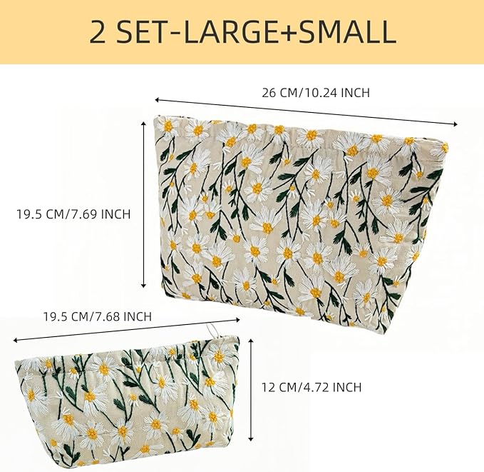 RIKMOXR 2 Pcs Makeup Bags, Large Cosmetic Bag Travel Toiletry Bag Organizer for Women, Embroidery Craft, Floral Makeup Bag Small Cosmetic Pouch Purse with Zipper Gifts for Girls Teen
