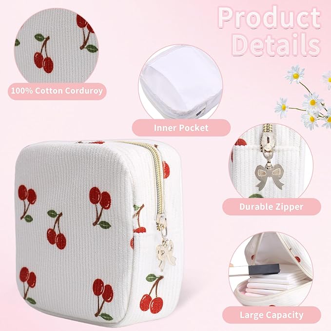 Teircno Period Bag for Women, Portable Corduroy Sanitary Napkin Storage Bag Cherry Period Pouch with Zipper, Sanitary Pads Bag Tampons Holder for Purse, First Period