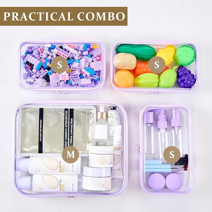 WELPIRT 4 pcs Clear Zipper Pouches,Hard Shell Zipper Case, Toiletry Bag for Travel, CLear Diaper Bag, Toiletry Pouch, Travel Organizer, Cosmetic Bag,Toy Storage Bins (M+3S) (Lavender)