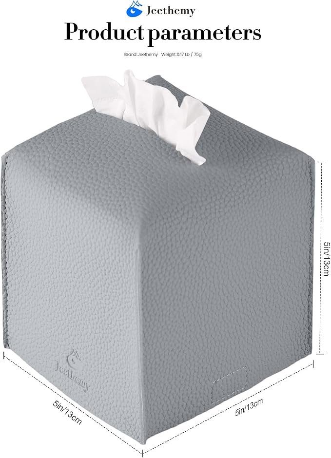 Tissue Box Cover, Jeethemy Square PU Leather Tissue Box Holder, Modern Tissue Case Facial Paper Organizer Dispenser，5X5X5'',Single Grey
