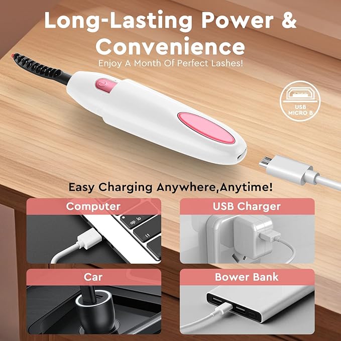Vexarabug Heated Eyelash Curler, Electric Eyelash Curler for Fast Heat up Within 10s - 24 Hours Long Lasting, 2 Temp Settings Makeup Tools Safe & Portable Lash Curler with USB Charging