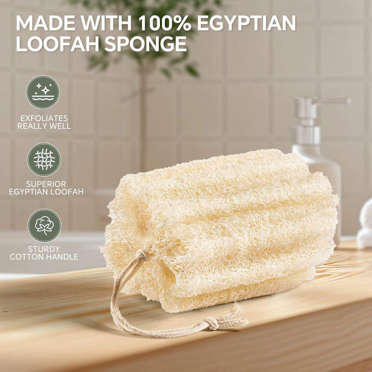 RIYNIBIY Egyptian Loofah Sponge, 3 Pack Natural Exfoliating Shower Scrubber