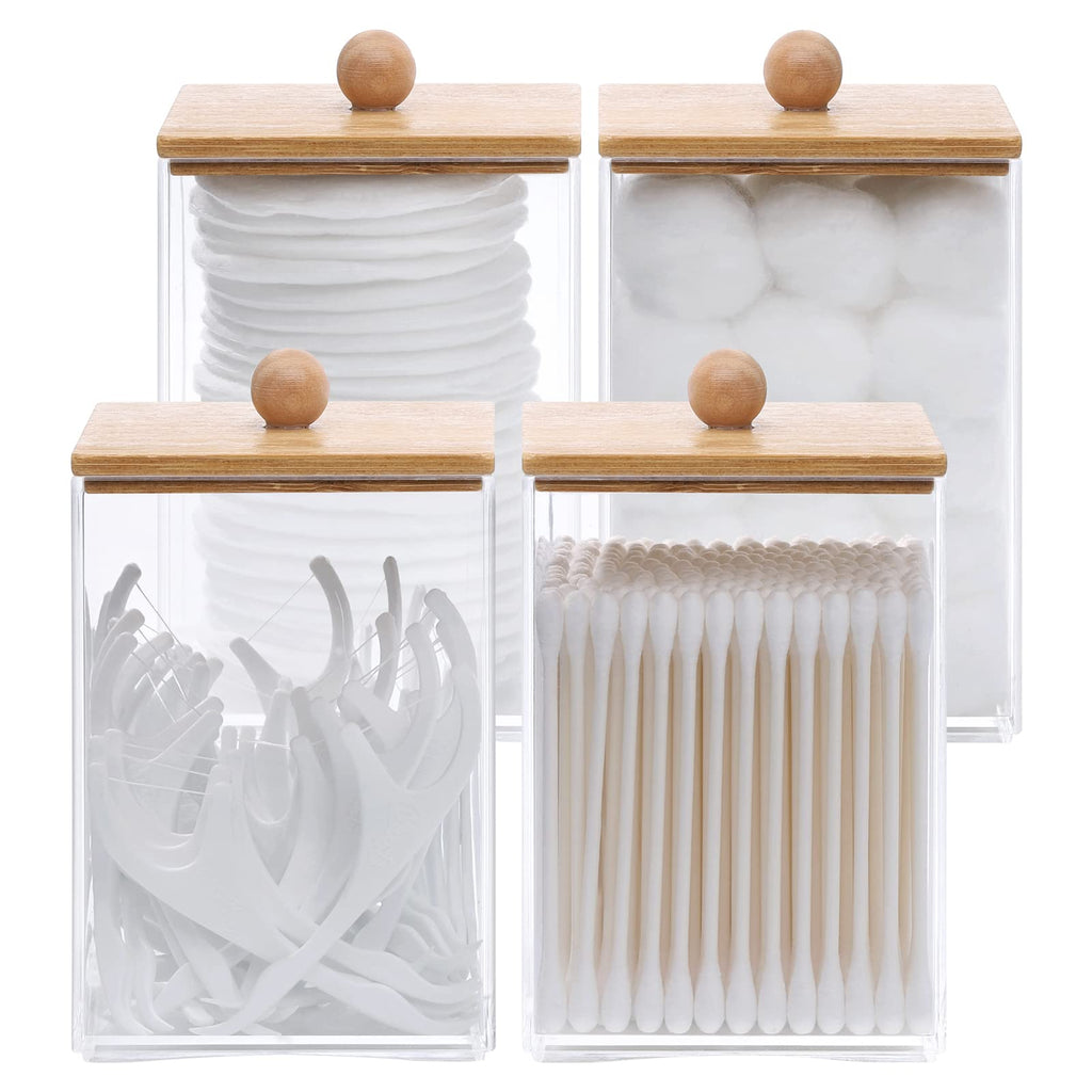 Tbestmax 12 OZ Cotton Swab/Ball/Pad Holder, Qtip Apothecary Jar, Clear Bathroom Containers Dispenser for Storage 4 Pack Wood Lids