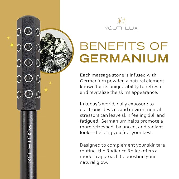 YOUTHLUX Radiance Roller – Germanium Stone Facial Massage Tool/Wand Face Roller for Lifting, Sculpting, De-Puffing, Glow Boost, Energizing & Cooling Effect (Black)