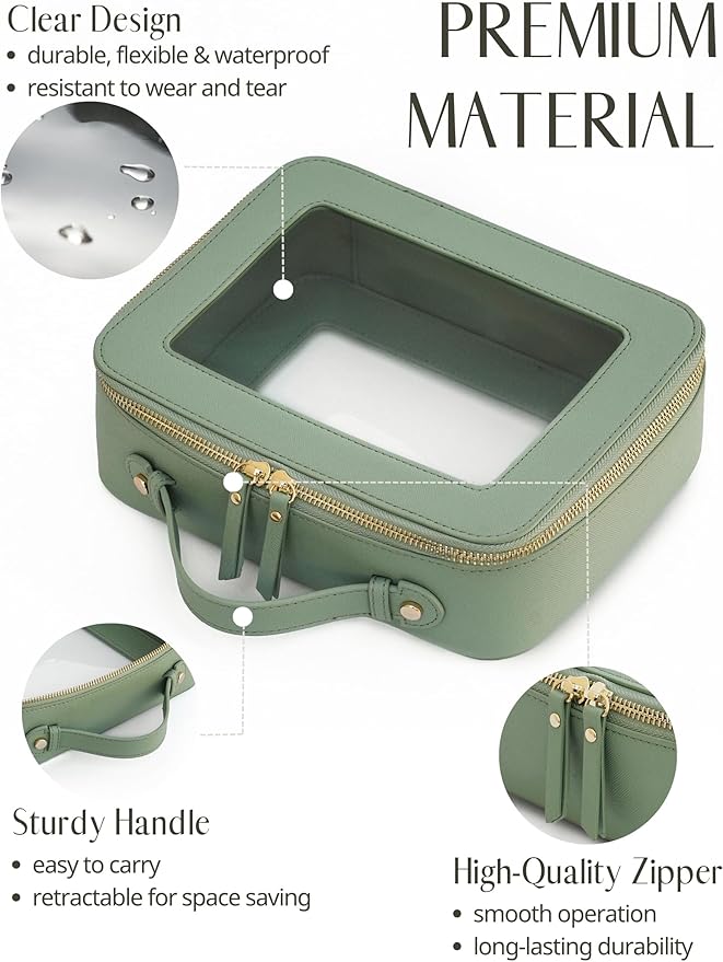 Popvibe Clear Makeup Bag Travel Cosmetic Case Transparent Toiletry Bag with Zipper, Portable Make Up Organizer Traveling Compact Car Bag for Essentials, Sage Green, Medium and Large