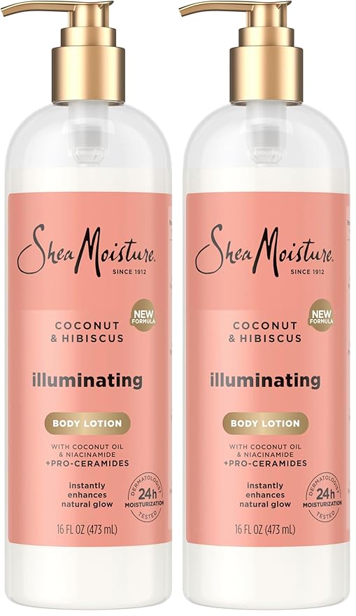 SheaMoisture Illuminating Body Lotion with Coconut Oil, Hibiscus, Niacinamide and Pro-Ceramides, Instantly Enhancing Skin's Natural Glow, 24H Moisturizing 16 oz, (Pack of 2)