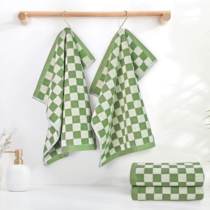 Wash Cloths Checkered 4 Pack (Green) - Cotton Washcloths for Face Body