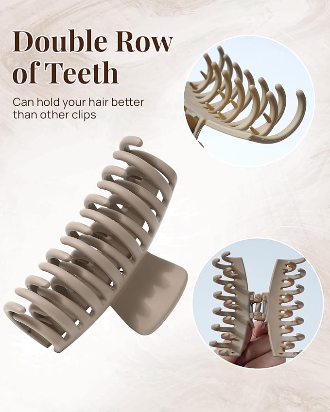 Mesovor 4 Pack Double Row Teeth Hair Claw Clips, 3.5" Large Strong Hold Matte Hair Clips for Thin and Short Fine Hair Accessories (Brown Neutral Matte)