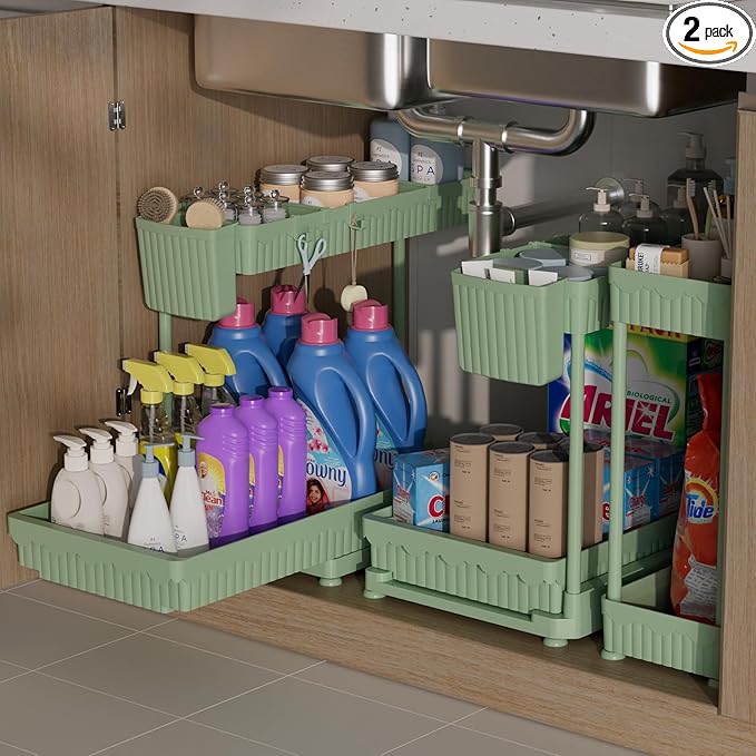 Sevenblue 3 Pack Multi-Purpose Pull-Out Storage Organizers, 2-Tier L-Shaped Under Sink/Cabinet Organizers and Storage for Bathroom & Kitchen,Green,14.85 Inch
