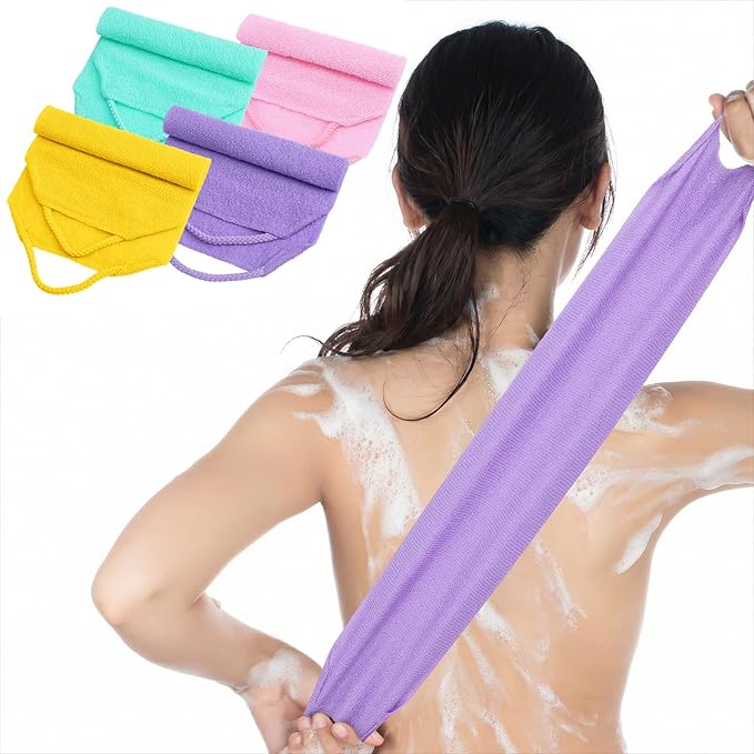 GEEHUA 4PCS Exfoliating Back Scrubber with Handles, Double-Sided Nylon Exfoliating Washcloth Extended Length Exfoliator Stretchy Pull Strap Back Washer Body Exfoliatin Washcloth for Women Men