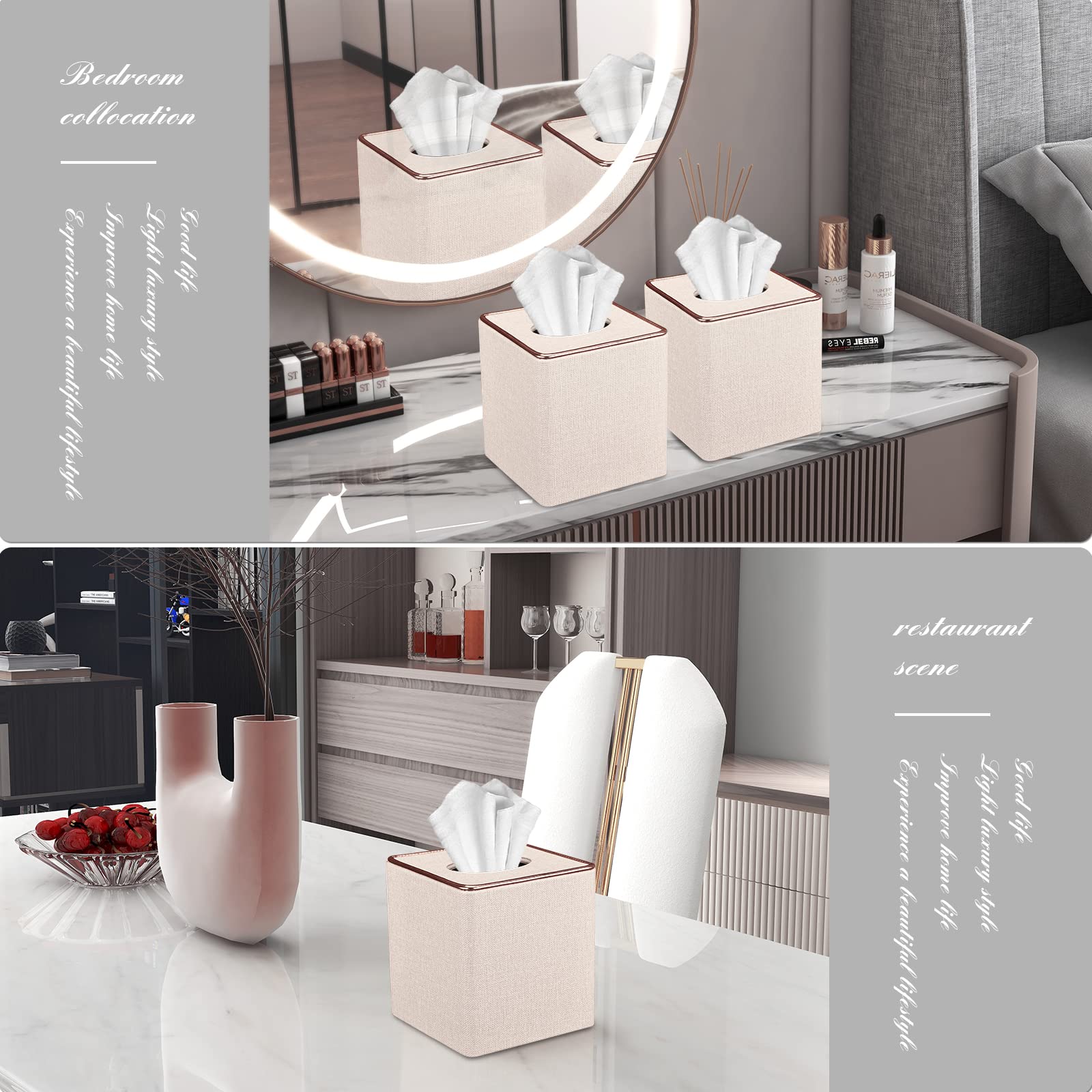 Tissue Box Cover, PU Leather Tissue Box Holder Square Box Covers for Home/Office/Car Decoration 5.3"X5.3"X5.8" - Beige