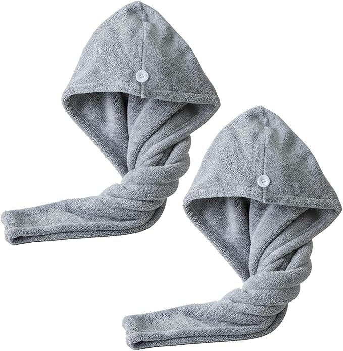 2 Pack Microfiber Hair Towels for Women - Super Absorbent & Fast Drying Hair Wrap Cap for Thick Long Curly Hair, Soft Bath Towel for Shower, Gym, Travel (Grey)