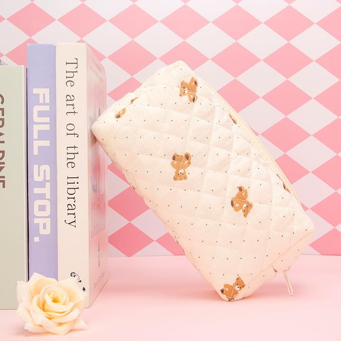 PAZIMIIK Small Quilted Makeup Bag,Zipper Cosmetic Pouch,Gauze Bear