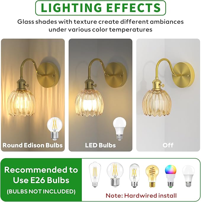 2-Pack Wall Sconces Lights Lamp for Bedroom Bathroom, Modern Vanity Light Fixtures, Wall Mount Lighting Vintage Tulip Amber Glass Shade for Living Room Mirror Hallway Kitchen