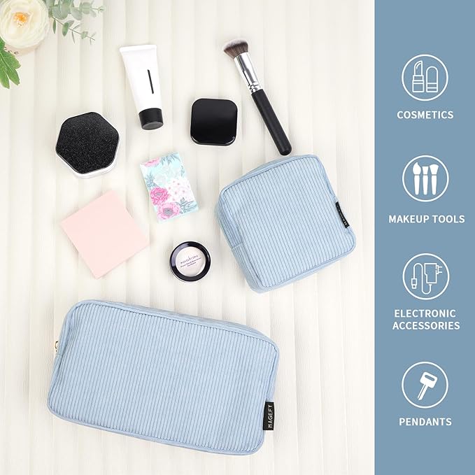 MAGEFY Makeup Bag for Purse, 2 Pcs Corduroy Cosmetic Bag for Girls Women Small Travel Makeup Pouch with Zipper(Blue)