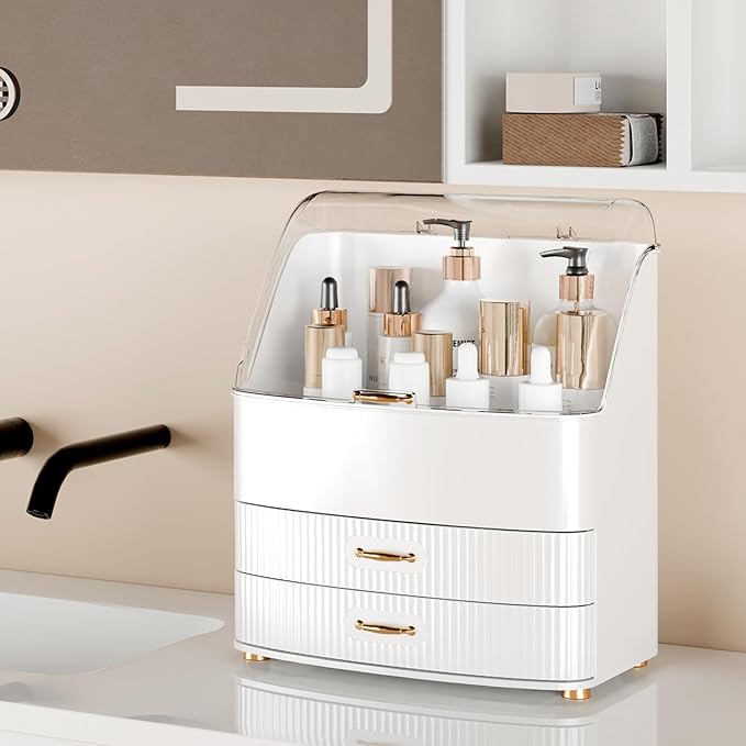 Plukers Makeup Organizer Countertop Vanity with Transparent Lid Drawers Waterproof Dustproof Cosmetic Skincare Bathroom Storage Gift for Women Teens Girls (White)