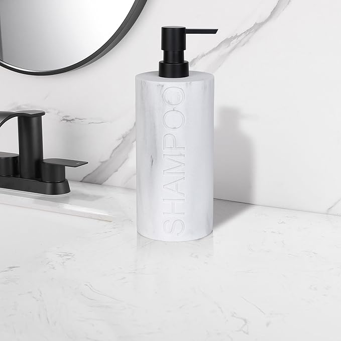 Indecor Home Resin White Marbled Shampoo Engraved Bottle Refillable Pump Dispenser, Durable Waterproof Construction for Bath, Shower - Resin White Marble - Matte Black Pump