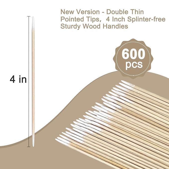 Pointed Cotton Swabs - 4 Inch Microblading Cotton Buds with Wooden Sticks - Precition Tip Cotton Swabs for Makeup Touch-ups - Tattoo Permanent Supplies (600 pcs - double tips)