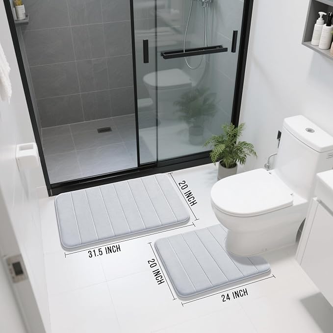 Yimobra Memory Foam Bath Mat Set 2 Piece - Super Soft Absorbent Quick Dry Bathroom Toilet Rugs, Machine Washable Non Slip Floor Carpet for Tub Shower & Single Sink (31.5x20 & 24x20, Silver)