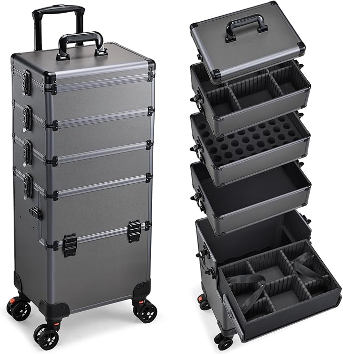 Yueieoun 5 in 1 Makeup Train Case, Cosmetology Case on Wheels Travel Make up Case Rolling Nail Cart Makeup Organizer Cosmetic Storage Box Cases Extra Large Trolley Truck, 360° Swivel Wheels, Ashy Grey