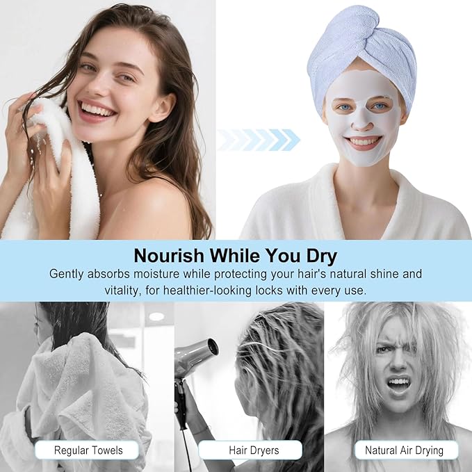 Microfiber Hair Drying Towel Wrap for Women, Hair Turbans Towel for Wet Hair,turbie Twist Hair Towels(The Color of the Picture is for Reference only) (Blue,Brown)