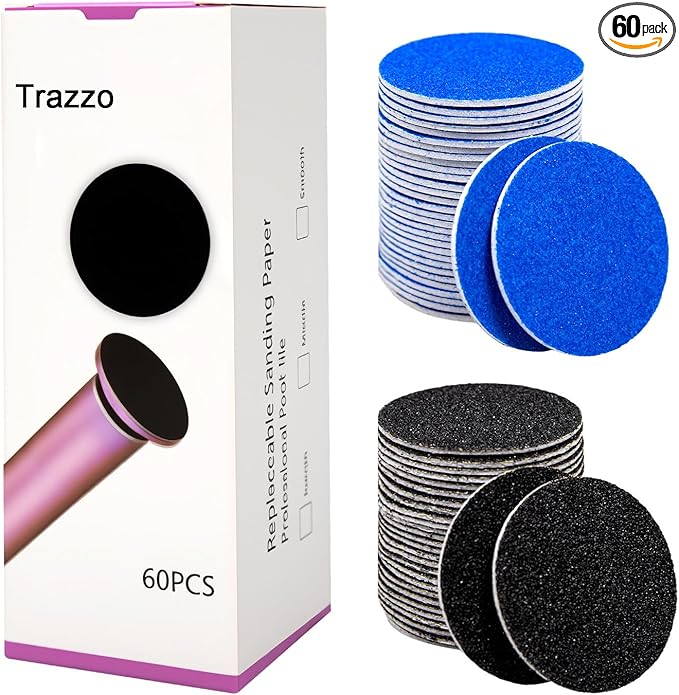 Trazzo 80/120/180 Grit Replacement Sanding Discs for Electric Foot File - Color-Coded Refill Sandpaper Pads for Callus Remover, Fits Most Round Foot Grinders (60PCS)