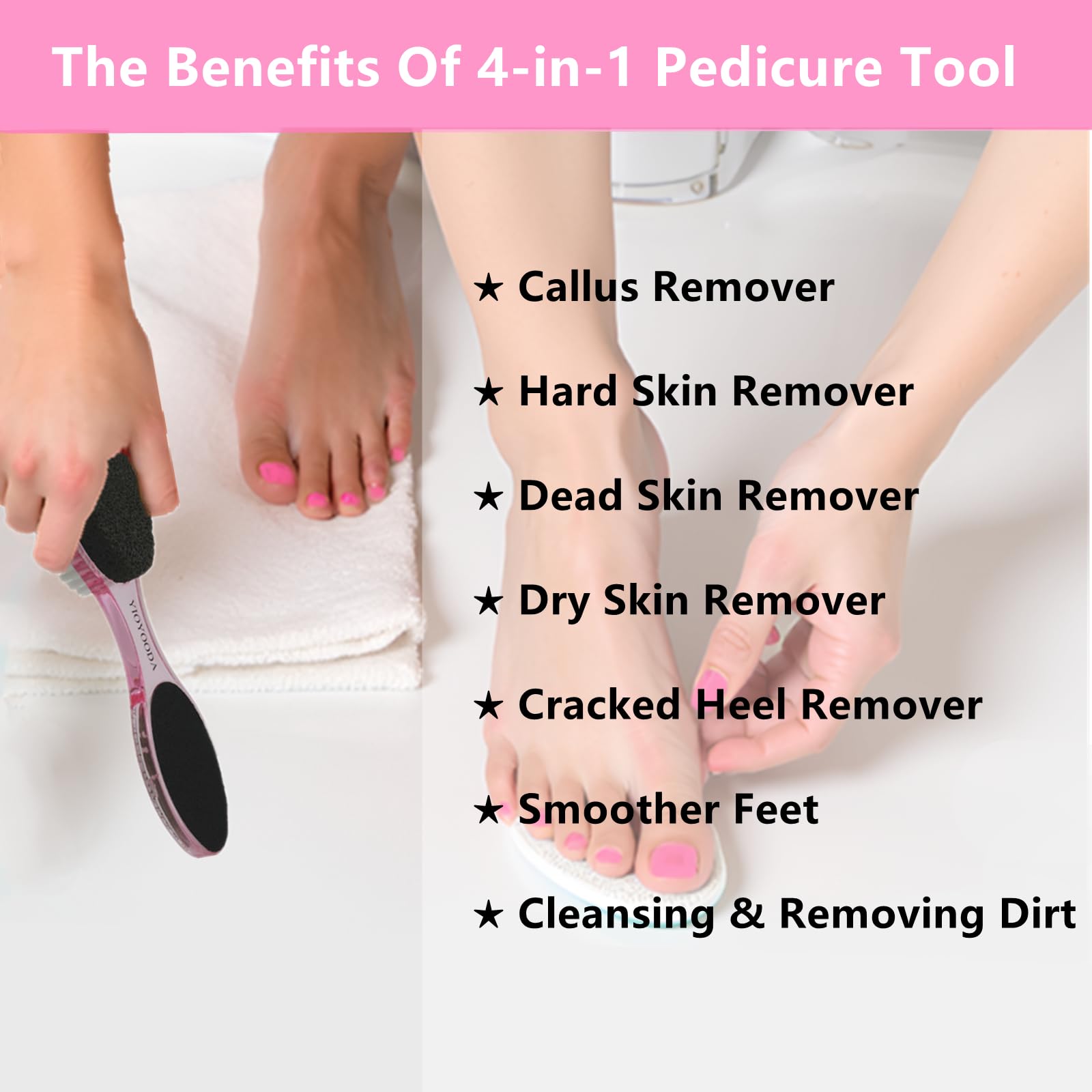 YIOYOODA Foot File Callus Remover 4-in-1, Feet Scraper Pedicure Tools with Pumice Stone, Scrubber Brush, Foot Rasp and Sand Paper, Double Sided Multi Purpose, Clear Pink and Blue