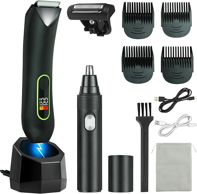 WarmWink Rechargeable Body Hair Trimmer for Men, 2 in 1 Body Groomer for Men, Replaceable Hair Cutting Blade, IPX7 Waterproof Wet/Dry Ball Groin Trimmer with Charging Base
