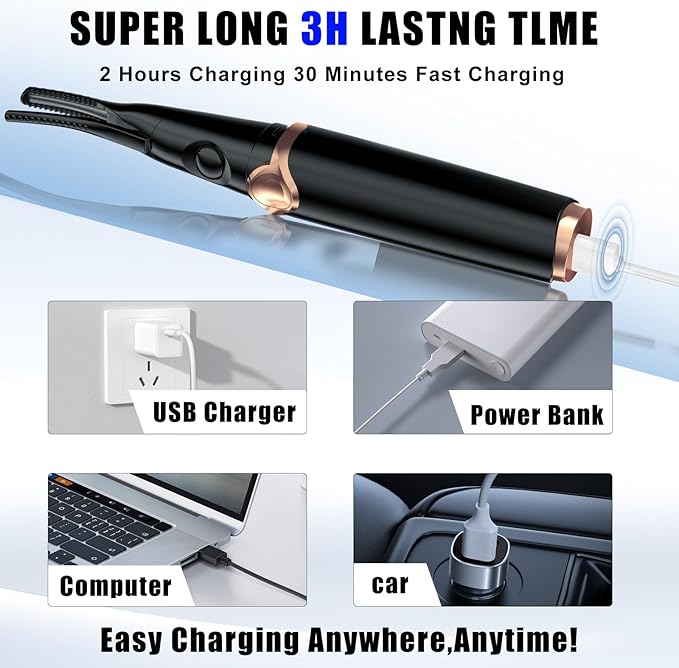 Heated Eyelash Curlers - 2 in 1 Clip- Type Heated lash Curler Best Seller Electric Eyelash Curler 3 Temp Settings for Makeup Tools USB Rechargeable Natural Curling 24H Long Lasting B-3