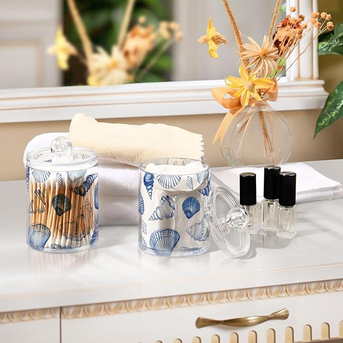 4 Pack Qtip Holder Dispenser Blue Seashells Ocean Nautical Coastal Cotton Ball Swab Round Pads Floss Clear Bathroom Storage Containers Plastic Apothecary Jars with Lids