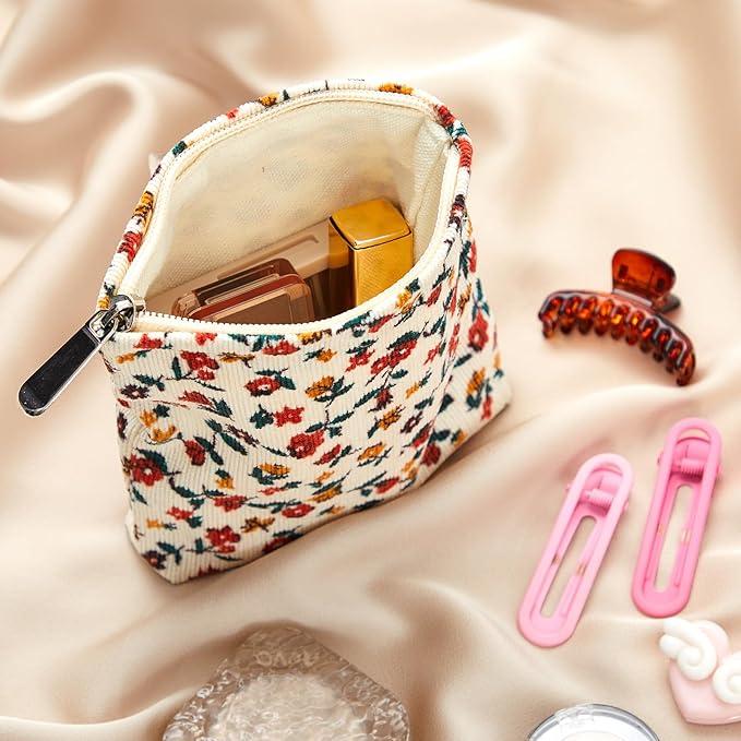Abbylike 4 Pcs Small Makeup Bag Corduroy Cosmetic Pouch with Zipper Portable Little Bags for Purse Mini Pouch Cute Makeup Purse for Coin Essentials Items Women (Elegant)