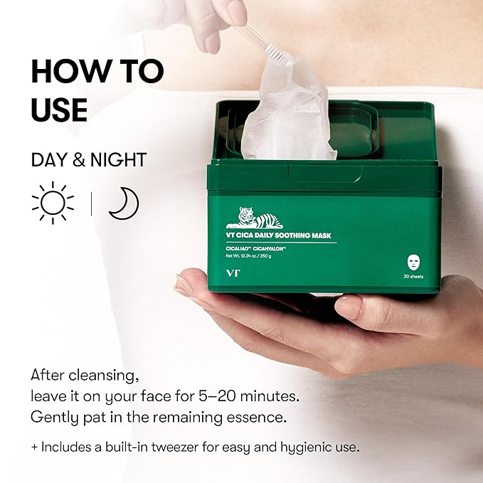VT COSMETICS CICA Daily Soothing Mask, 30 Sheet Face Masks for Sensitive Skin, Centella Asiatica & Triple Hyaluronic Acid, Hydrating Korean Sheet Mask for Redness, Dryness & Skin Barrier Care