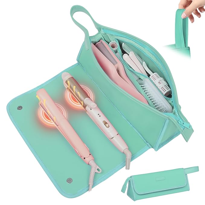 Hair Tools Travel Bag and Heat Resistant Mat, 2 in 1 Portable Organizer Hair Travel Case for Curling Iron, Hair Straightener, Flat Irons, PU Hangable Handle, Neoprene (Blue-Green)