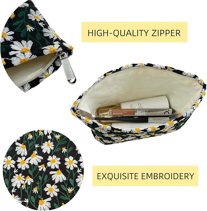 RIKMOXR 2 Pcs Makeup Bags, Large Cosmetic Bag Travel Toiletry Bag Organizer for Women, Embroidery Craft, Floral Makeup Bag Small Cosmetic Pouch Purse with Zipper Gifts for Girls Teen